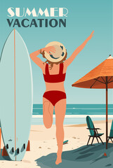 Summer poster, advertising banner with a beautiful girl in bikini and hat running to the sea beach. Summer time, vacation digital print, cover template. Vector illustration.