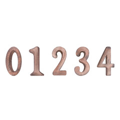 A set of numbers in watercolor from zero to four in brown. The clipart illustration is isolated on a white background. Numbering, school. Template for the design of postcards, prints, invitations