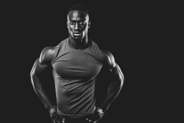 Naklejka premium Confident african athlete with copyspace Portrait of muscular young man in sportswear standing with his hands on hips looking at camera against black background. Strong african athlete with copyspace
