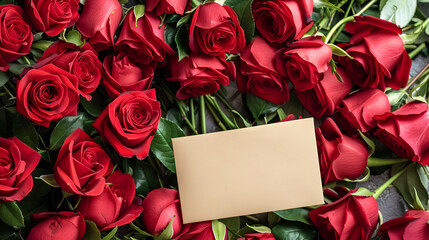 bouquet of roses, with a card, on the ground, top view, white background