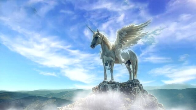 White winged unicorn with flowing mane and tail standing on a rock in the middle of the blue ocean under a cloudy sky
