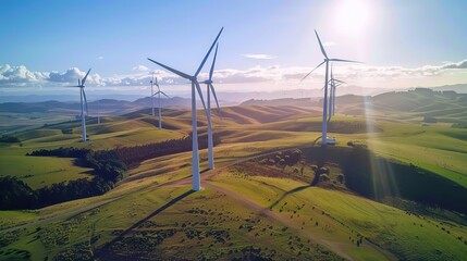 Naklejka premium Across rolling hills and coastal plains, wind farms paint a picture of renewable abundance, their spinning turbines a testament to humanity's ingenuity in harnessing nature's forces for good.