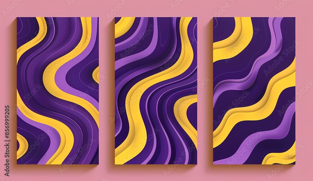 Poster 3 vertical posters with purple and yellow wavy patterns, retro groovy background vector illustration