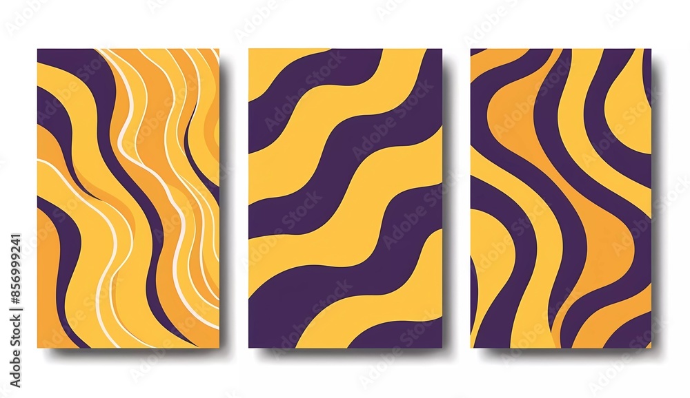 Poster 3 vertical posters with purple and yellow wavy patterns, retro groovy background vector illustration