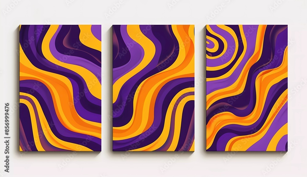 Poster 3 vertical posters with purple and yellow wavy patterns, retro groovy background vector illustration