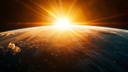 A breathtaking sunrise view of planet Earth from space, capturing the sun as it sets over the horizon, casting a golden glow across the planet's surface.