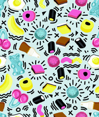 Pick and mix sweets vector seamless pattern in a simple flat design inspired by 80's graffiti