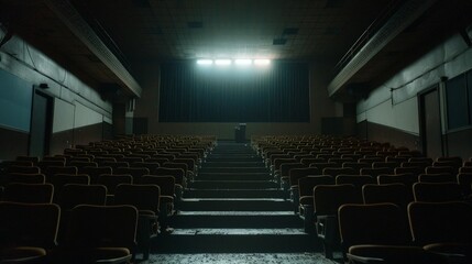 Fototapeta premium Amidst the vacant rows of seats, the projector hums softly, its light casting shadows upon the empty screen, a silent invitation to an audience that has yet to return.