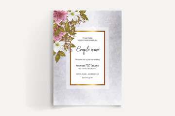 WEDDING INVITATION FRAME WITH FLOWER DECORATIONS AND FRESH LEAVES 