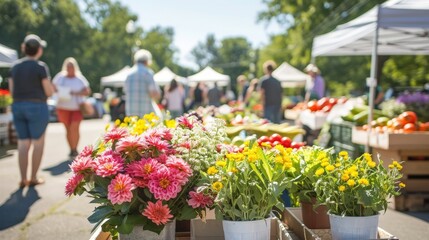 Create a bustling farmers' market filled with fresh produce, flowers, and handmade crafts. Imagine the vibrant colors and the joyful chatter of vendors and customers enjoying the summer atmosphere.