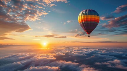 Obraz premium A hot air balloon floating in the sky at sunrise, with the sun peeking over the edge of the horizon.