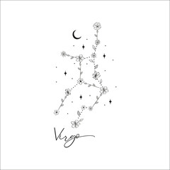 Fototapeta premium Virgo constellation with Hand drawn doodle flowers, leaves, florals and stars. Vector art, graphic illustration clipart