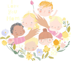 Cartoon Mother s Hands hugging Children in Floral Wreath. Vector illustration