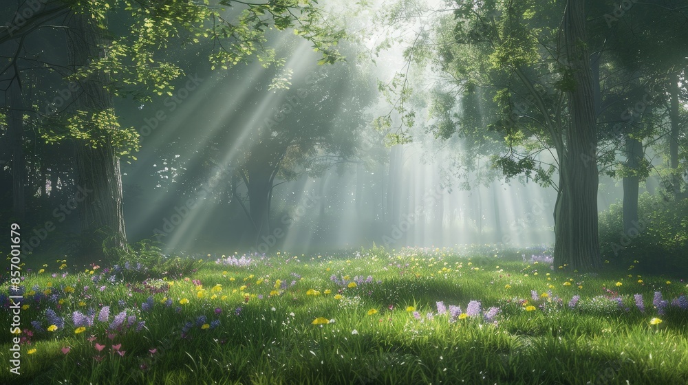 Poster create a scene of a peaceful woodland glade beneath a canopy of clouds, with shafts of sunlight filt