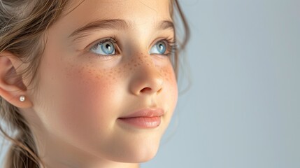 Naklejka premium portrait caucasian little girl with earrings on grey background, childrens health, copy space