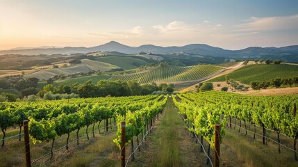 Create a scene of a picturesque vineyard nestled in the rolling hills of wine country, with rows of grapevines stretching to the horizon and a warm Mediterranean sun nurturing the ripening fruit.