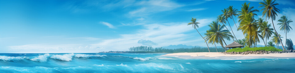 A beautiful beach with palm trees and a small hut