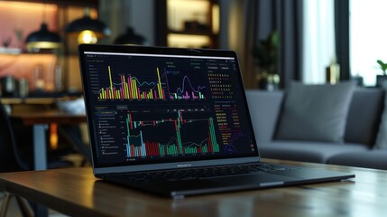 A laptop screen displaying financial analytics software with colorful graphs and statistical data.