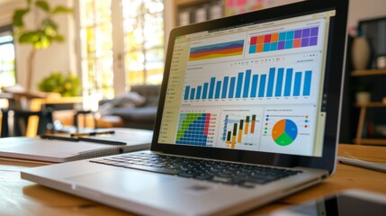A laptop screen displaying financial analytics software with colorful graphs and statistical data.