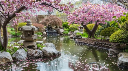 Create a scene of a tranquil Japanese garden adorned with delicate cherry blossoms and graceful bonsai trees, their beauty and simplicity inviting contemplation and meditation.