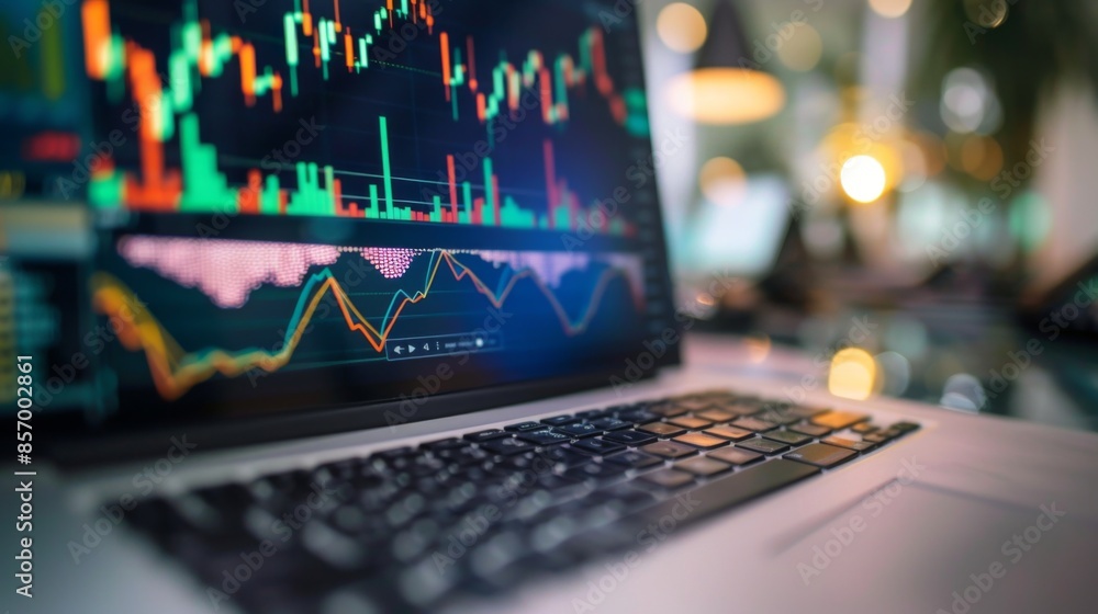 Poster a laptop showing candlestick charts and technical indicators used for stock market analysis.