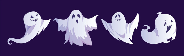 Spooky White Ghost or Spirit of Dead Flying on Blue Background Vector Set