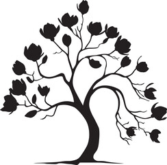 Vector Silhouette of a Magnolia Tree with Detailed Branches and Blossoms on White Background