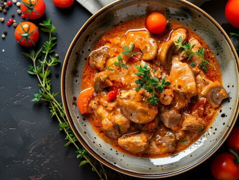 Rich and Hearty Veal Marengo with Mushrooms and Cherry Tomatoes, Served with Herbs