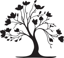 Obraz premium Vector Silhouette of a Magnolia Tree with Detailed Branches and Blossoms on White Background