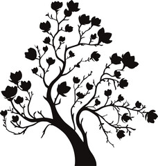Vector Silhouette of a Magnolia Tree with Detailed Branches and Blossoms on White Background