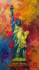 Fototapeta premium Dynamic Statue of Liberty on Vibrant Abstract Background
