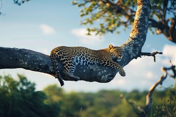 A leopard lounges on a thick tree branch, basking in the suns rays. Generative AI