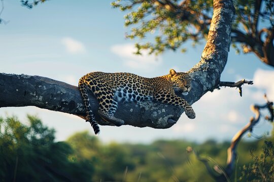 A leopard lounges on a thick tree branch, basking in the suns rays. Generative AI