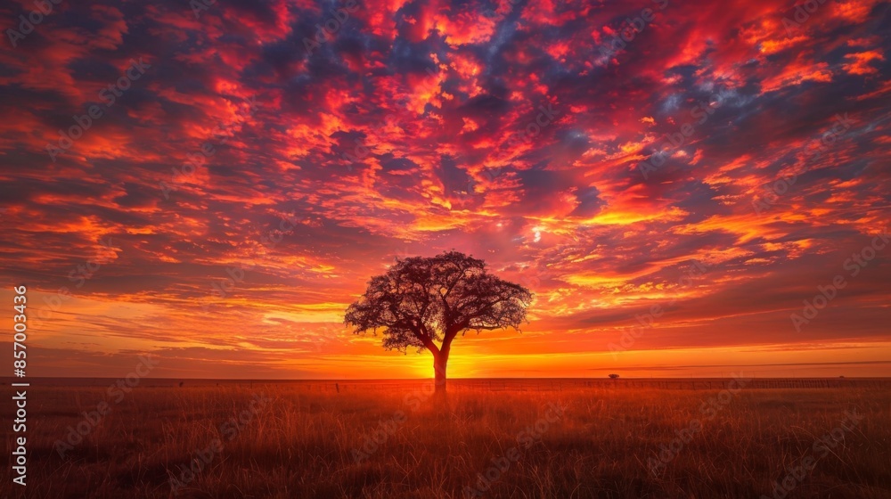 Poster a lone tree silhouetted against a fiery sunrise sky, standing tall in a vast open field.