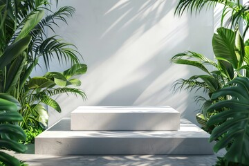 Fototapeta premium White podium with tropical palm leaves.