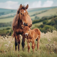 Obraz premium Foal and calf in the field, Potro y becerro en el campo, becerros