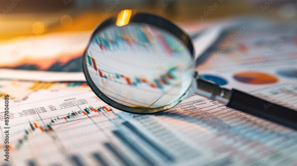 Aufkleber a magnifying glass analyzing stock market charts and financial data printed on paper.