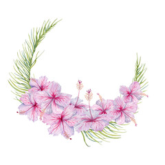 Pink Hibiscus Flowers with palm tree leaves wreath. Hand drawn watercolor illustration isolated on transparent background. Copy space design with tropical flowers for cards, logos and invitations © Svetlana