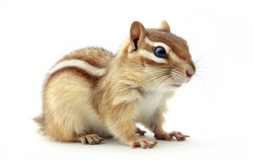 squirrel on a white background, A charming image of a chipmunk, isolated on a white background. The chipmunk is captured in a natural pose, showcasing its adorable features and fluffy fur