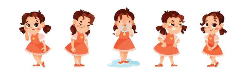 Funny Little Girl in Red Dress Expressing Emotion Vector Illustration Set