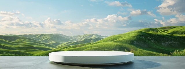 character rendering of a white podium in a green hilly landscape with a blue sky and white clouds in the background.
