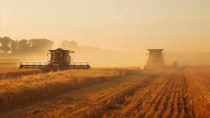 Fototapeta premium From dawn till dusk, the combine harvester and tractor toil away under the watchful gaze of the farmer, their partnership a testament to the timeless bond between man and machine.