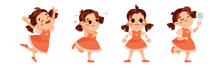 Funny Little Girl in Red Dress Expressing Emotion Vector Illustration Set