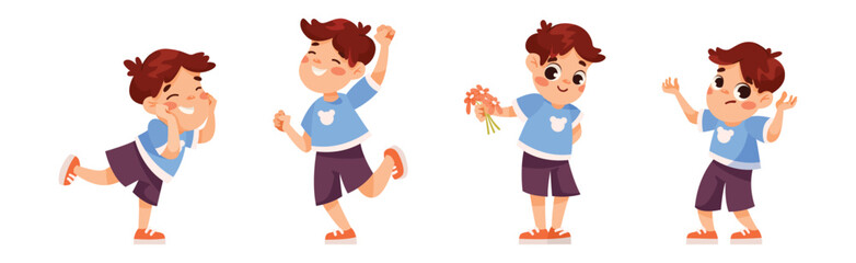 Funny Little Boy Expressing Emotion Vector Illustration Set