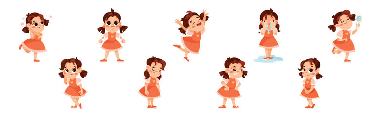 Funny Little Girl in Red Dress Expressing Emotion Vector Illustration Set