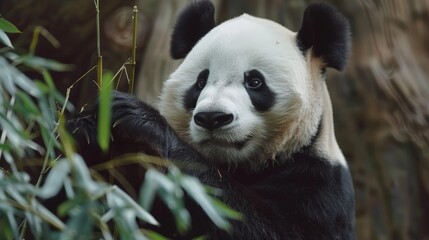 Obraz premium Imagine a gentle giant panda peacefully munching on bamboo. Picture its fluffy black and white coat and round, adorable face, representing resilience and conservation efforts