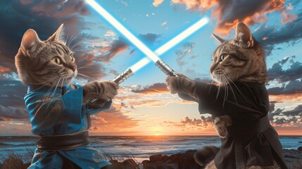 Two cats dressed in traditional robes wielding lightsabers, one red and one blue, engaging in a duel at sunset on a beach.	