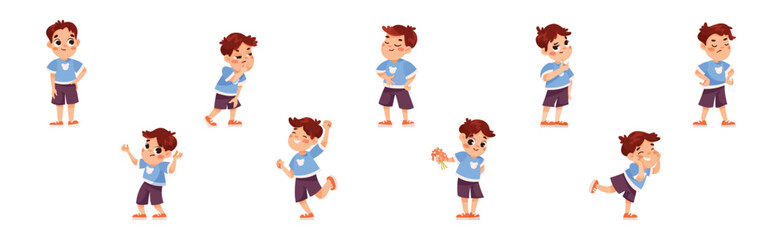 Funny Little Boy Expressing Emotion Vector Illustration Set
