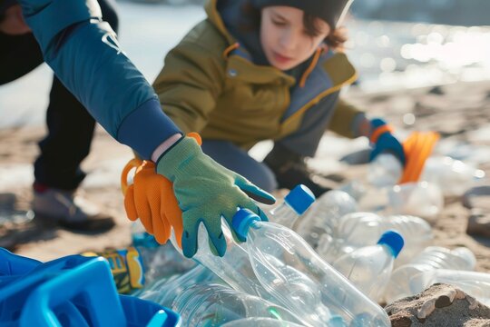 Boy and father wearing gloves collecting bottles