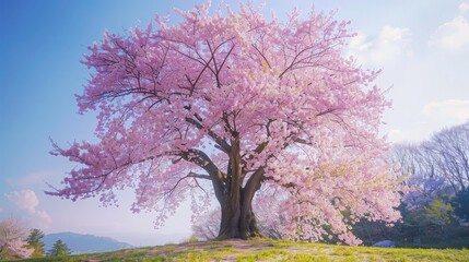 Fototapeta premium Imagine a majestic cherry blossom tree in full bloom, its branches adorned with delicate pink flowers, creating a stunning display of natural beauty and renewal.